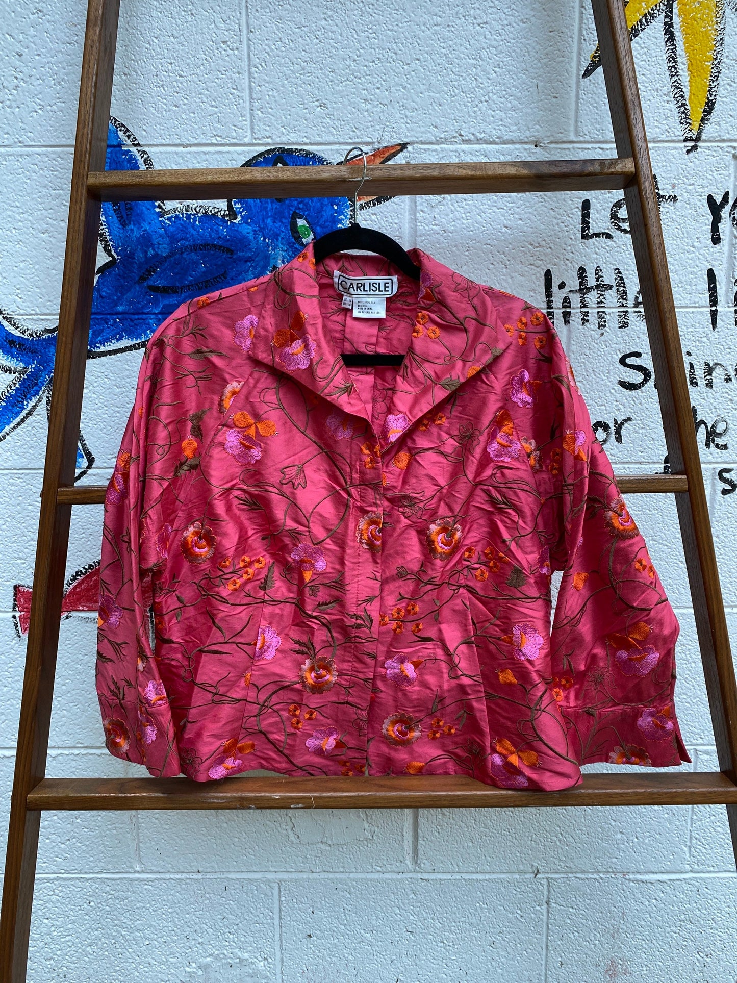 Tripp's Store / Pink silk embroidered shirt jacket // size 14 // Embroidered pink on pink silk shirt jacket