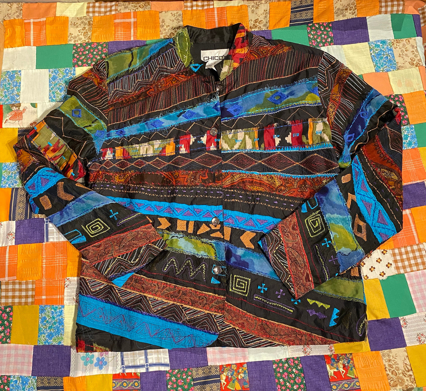 Tripp's Store / Jacket / Patchwork silk Chico's single breasted Blazer // size 0 // Multi print silk single breasted jacket