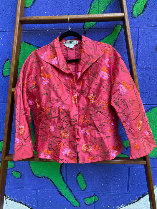 Tripp's Store / Pink silk embroidered shirt jacket // size 14 // Embroidered pink on pink silk shirt jacket