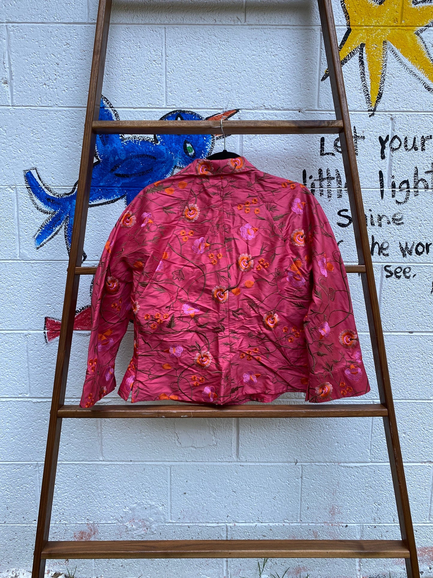 Tripp's Store / Pink silk embroidered shirt jacket // size 14 // Embroidered pink on pink silk shirt jacket