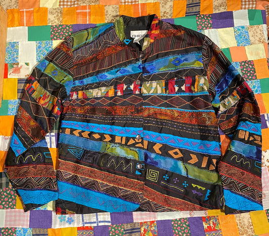 Tripp's Store / Jacket / Patchwork silk Chico's single breasted Blazer // size 0 // Multi print silk single breasted jacket