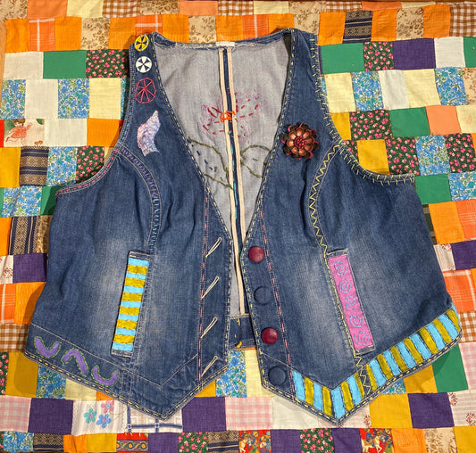 Tripp's Store : One a kind hand stitched denim jean floral painted embroidered vest // Women’s Size XXL