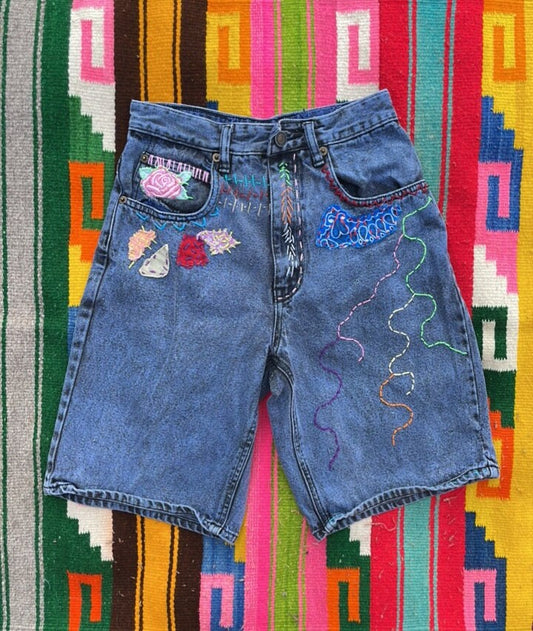 Tripp's Store / CLOTHING / Bespoke Vintage Kids One of a Kind hand stitch patchwork high waist jean shorts Kids 14  24"x19" y2k boho denim shorts