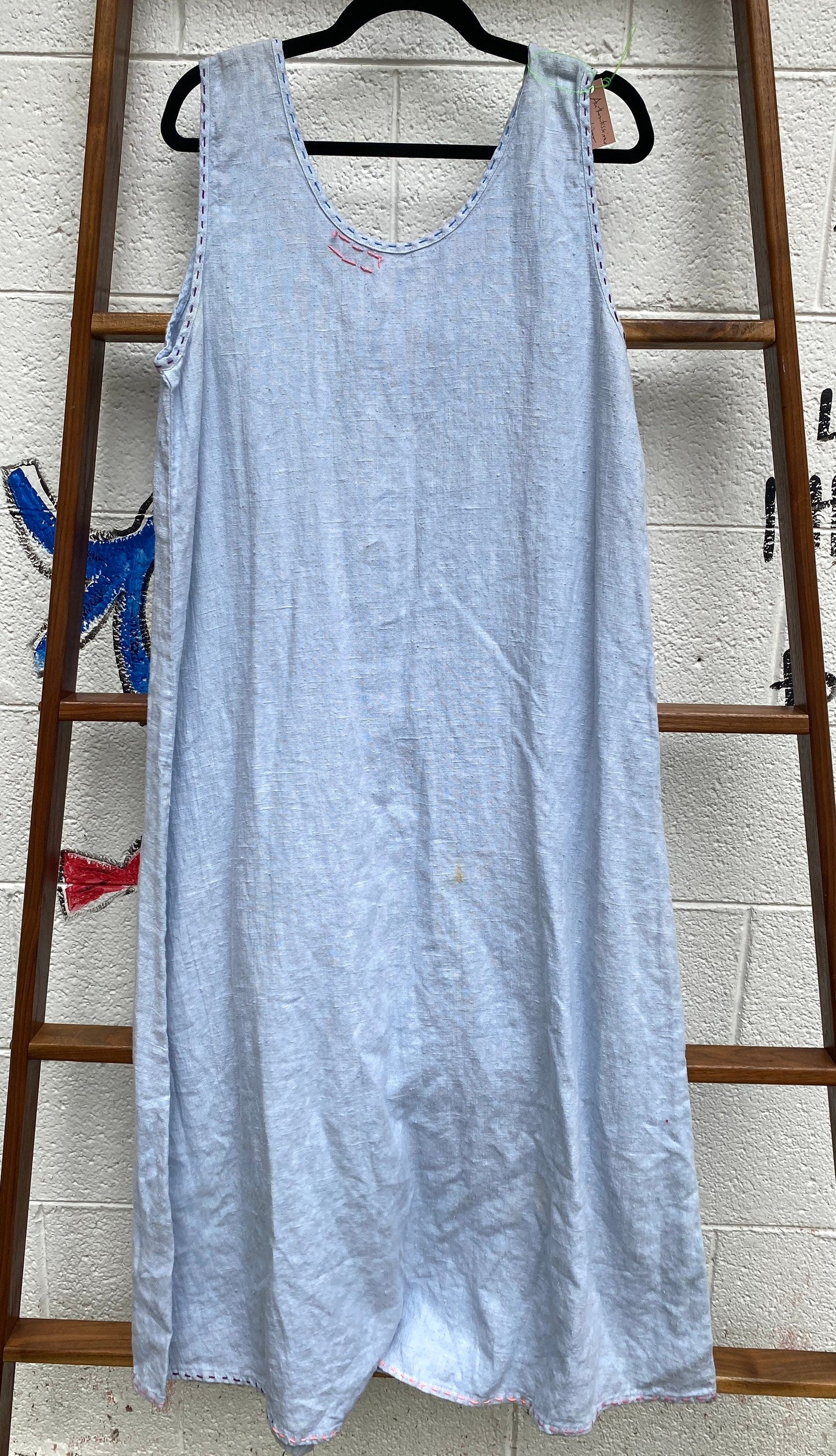 Tripp's Store Bespoke light blue linen jumper dress with custom patching and stitching // size medium // custom stitched linen jumper