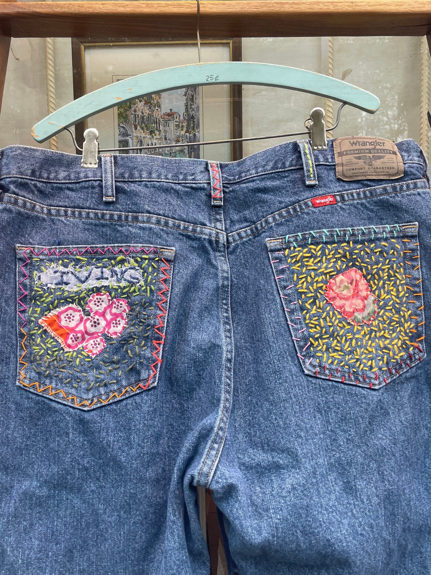 Tripp's Store / CLOTHING / Bespoke Wrangler high waist jeans // Size 12 // Size 40 x 30 // Embroidered hand stitch one of a kind 90s Mom cotton jeans