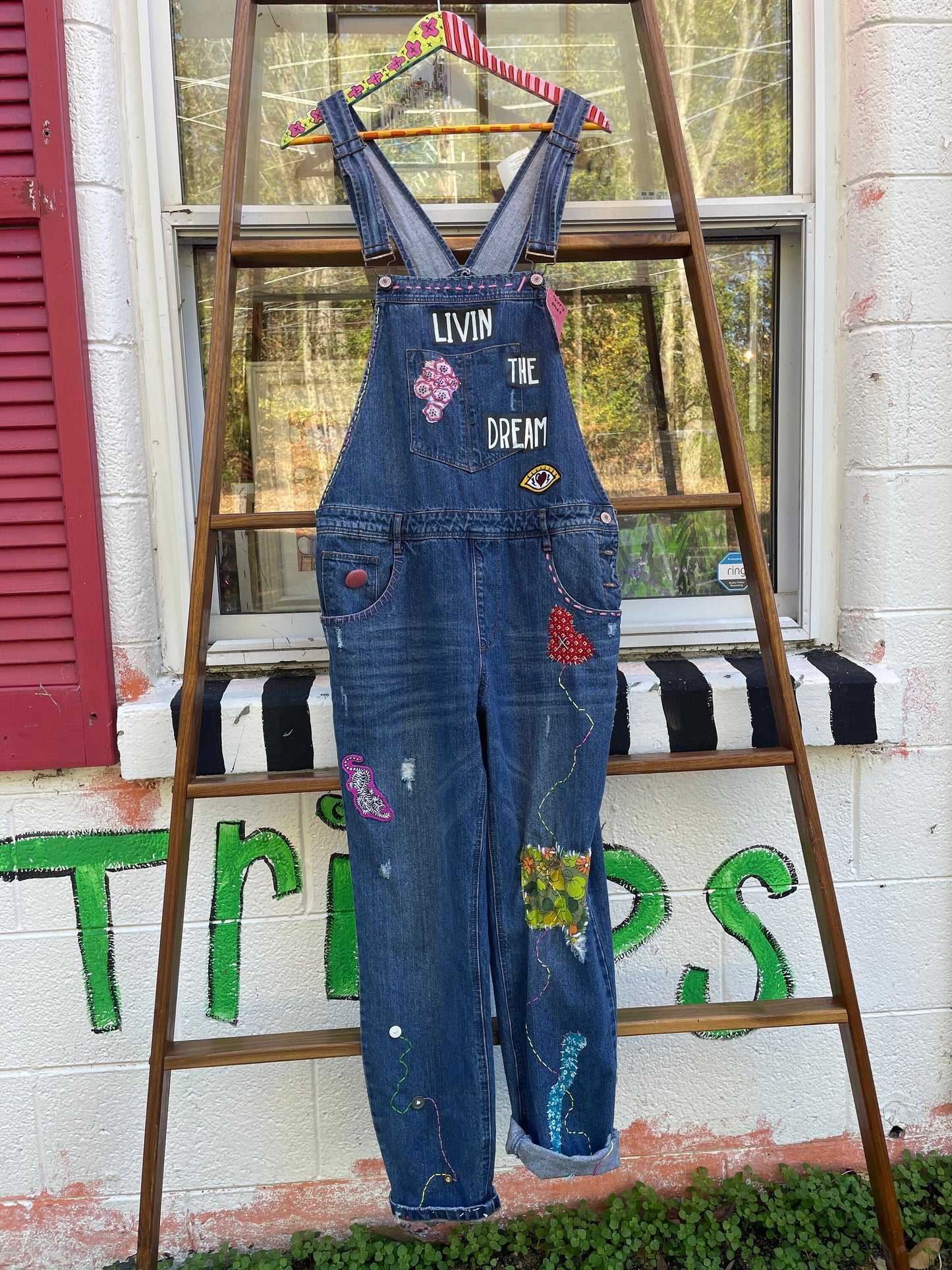 Tripp's Store : Bespoke Bib Overalls 36x28 One of a embroidered Mae Lettuce overalls overalls  stitched boho patchwork denim Jean overalls