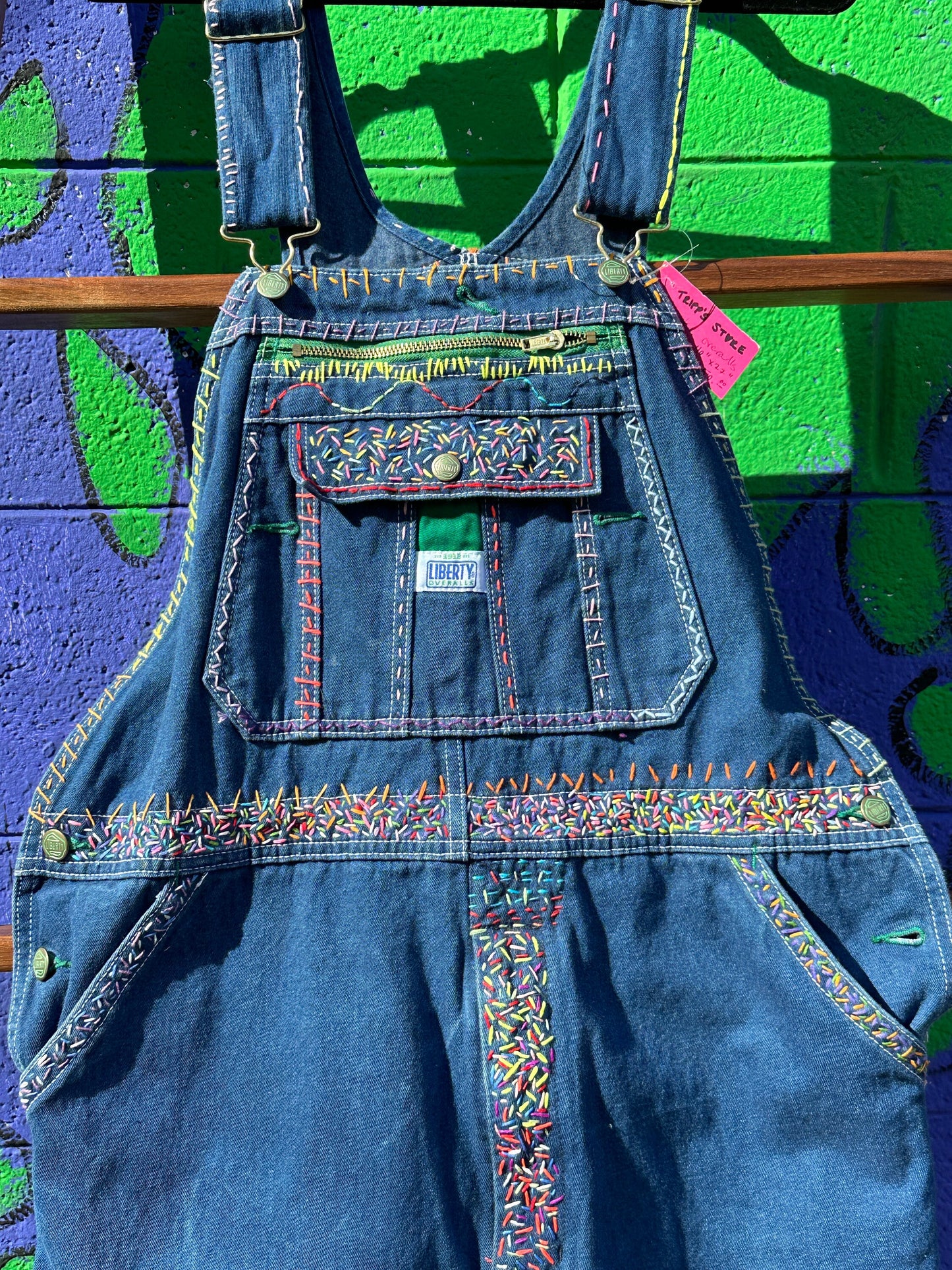 Tripp's Store : Bespoke denim bib overalls // Boho embroidered  // 40" X 27"  // Colorful one of kind overalls