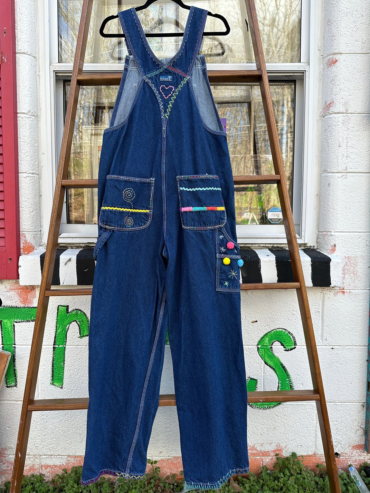 Tripp's Store : One of a kind bespoke stitched and embellished overalls // 32 X 29 // RK Brand bespoke embellished boho overalls