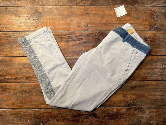Tripp's Store / Pilcro and the Letterpress color blocked trousers // Women's Size 26 // Pale green and blue jeans with lace insets