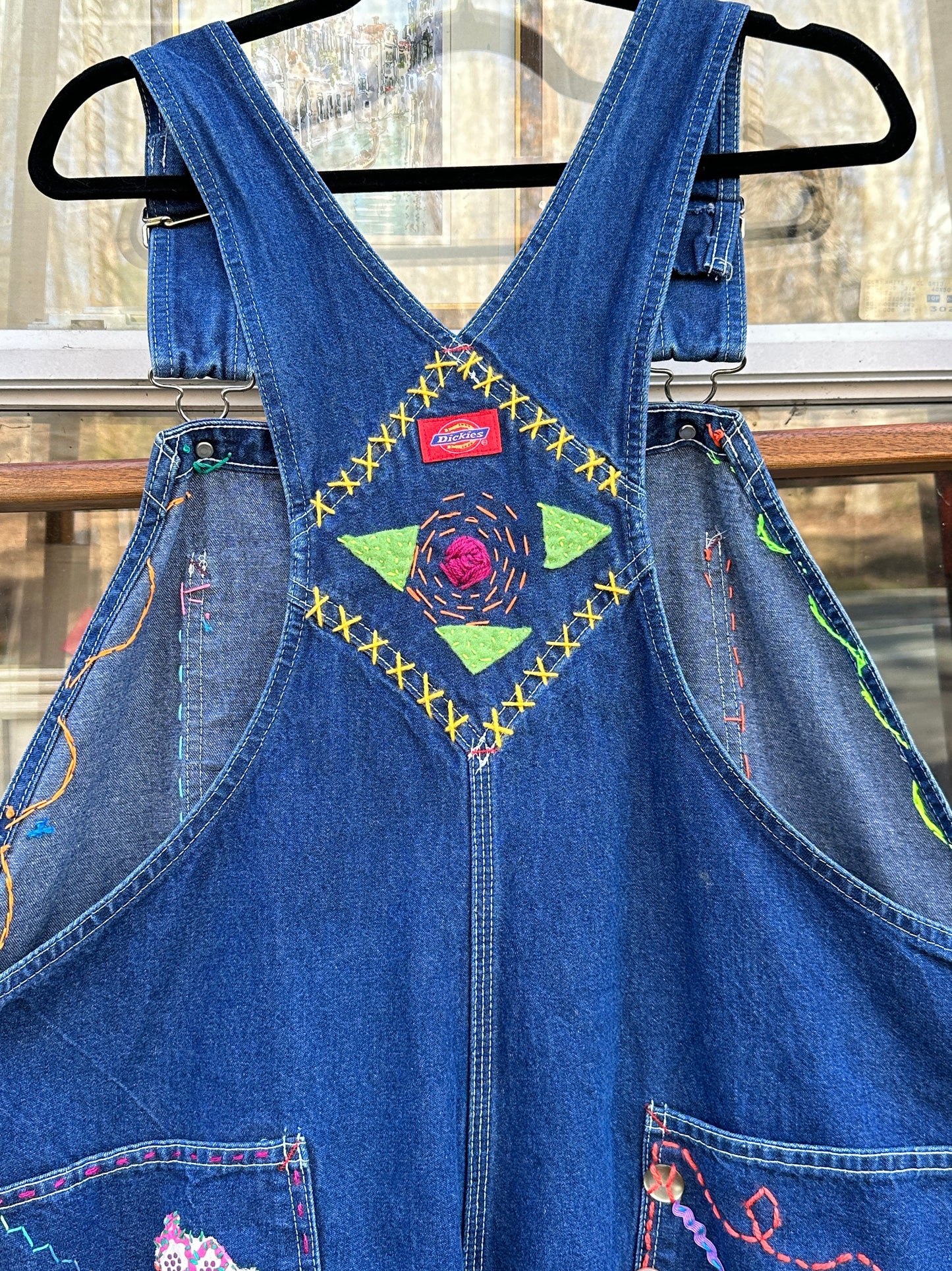 Tripp's Store : One of a kind bespoke Dickie's overalls // 42 X 27 // stitched, embellished, patched overalls
