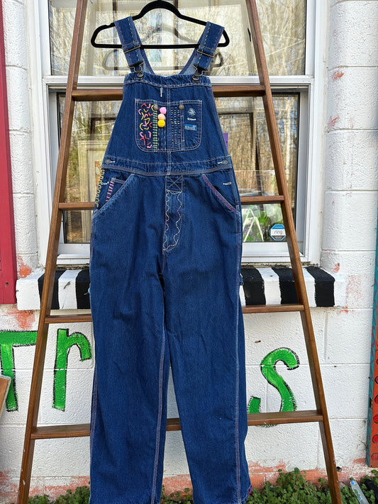 Tripp's Store : One of a kind bespoke stitched and embellished overalls // 32 X 29 // RK Brand bespoke embellished boho overalls