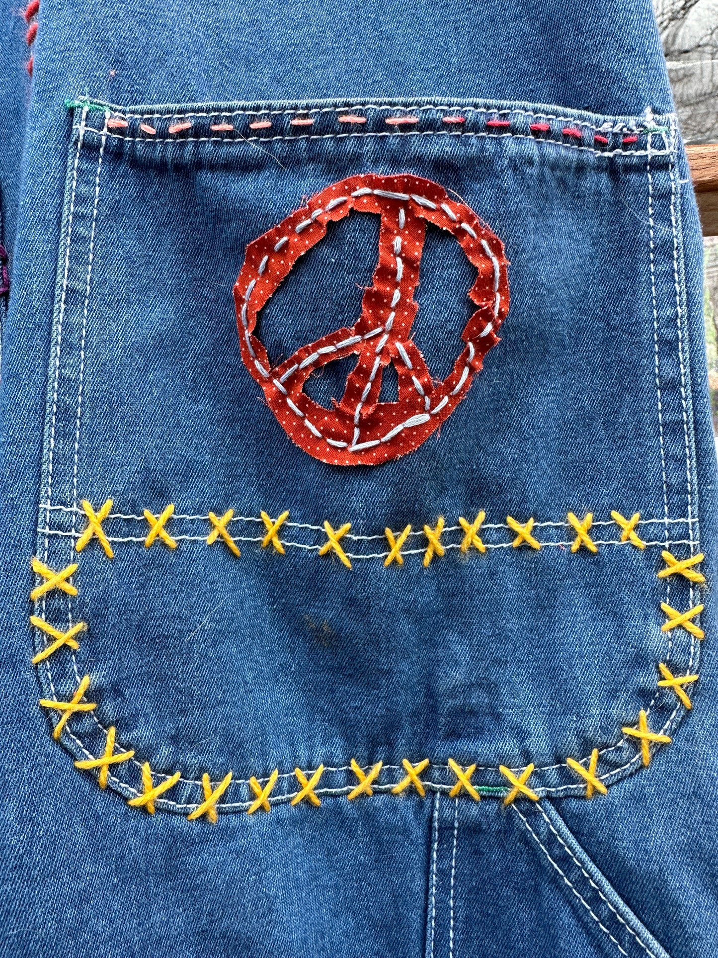 Tripp's Store : Bespoke one of a kind Liberty overalls // 32 X 32 // Stitched,embellished, patched overalls