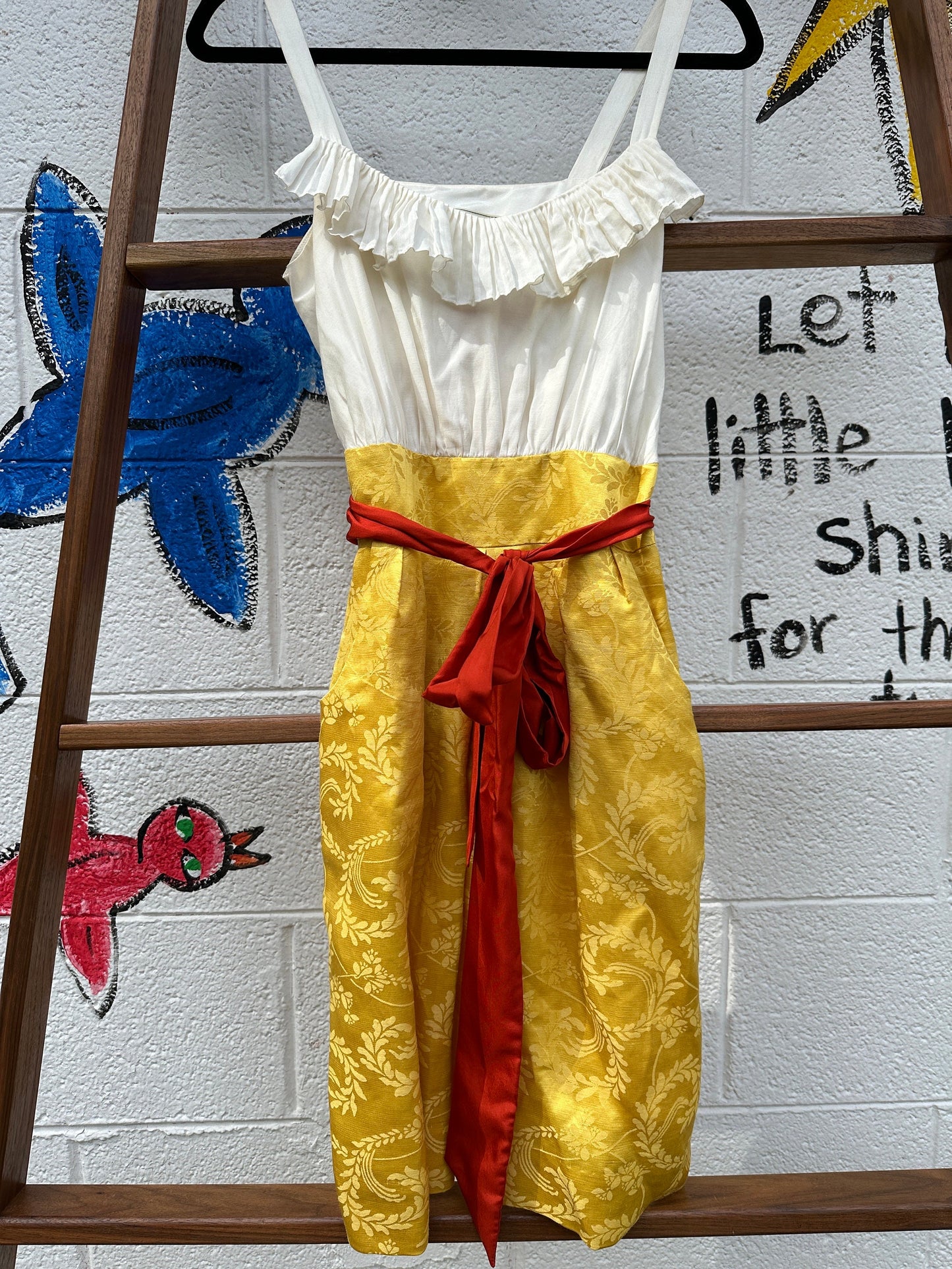 Tripp's Store : Moulinette Soeurs ruffle dress Women's Size 0 White golden rod yellow red satin ruffle spring break summer dress / Anthro