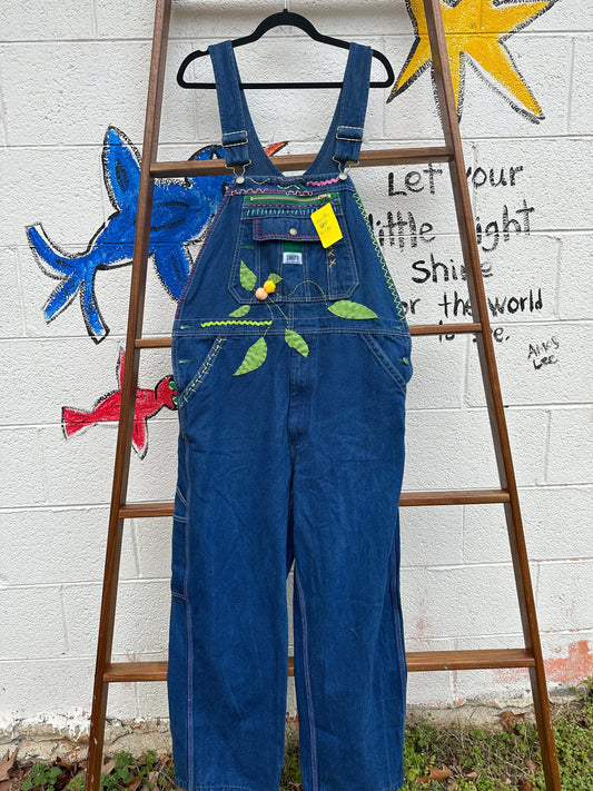 Tripp's Store : One of a kind bespoke stitched and patched Liberty Overalls // 36 X 30 // Fun and funky overalls