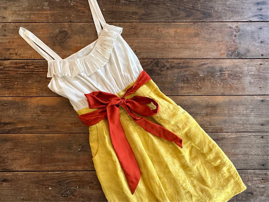 Tripp's Store : Moulinette Soeurs ruffle dress Women's Size 0 White golden rod yellow red satin ruffle spring break summer dress / Anthro