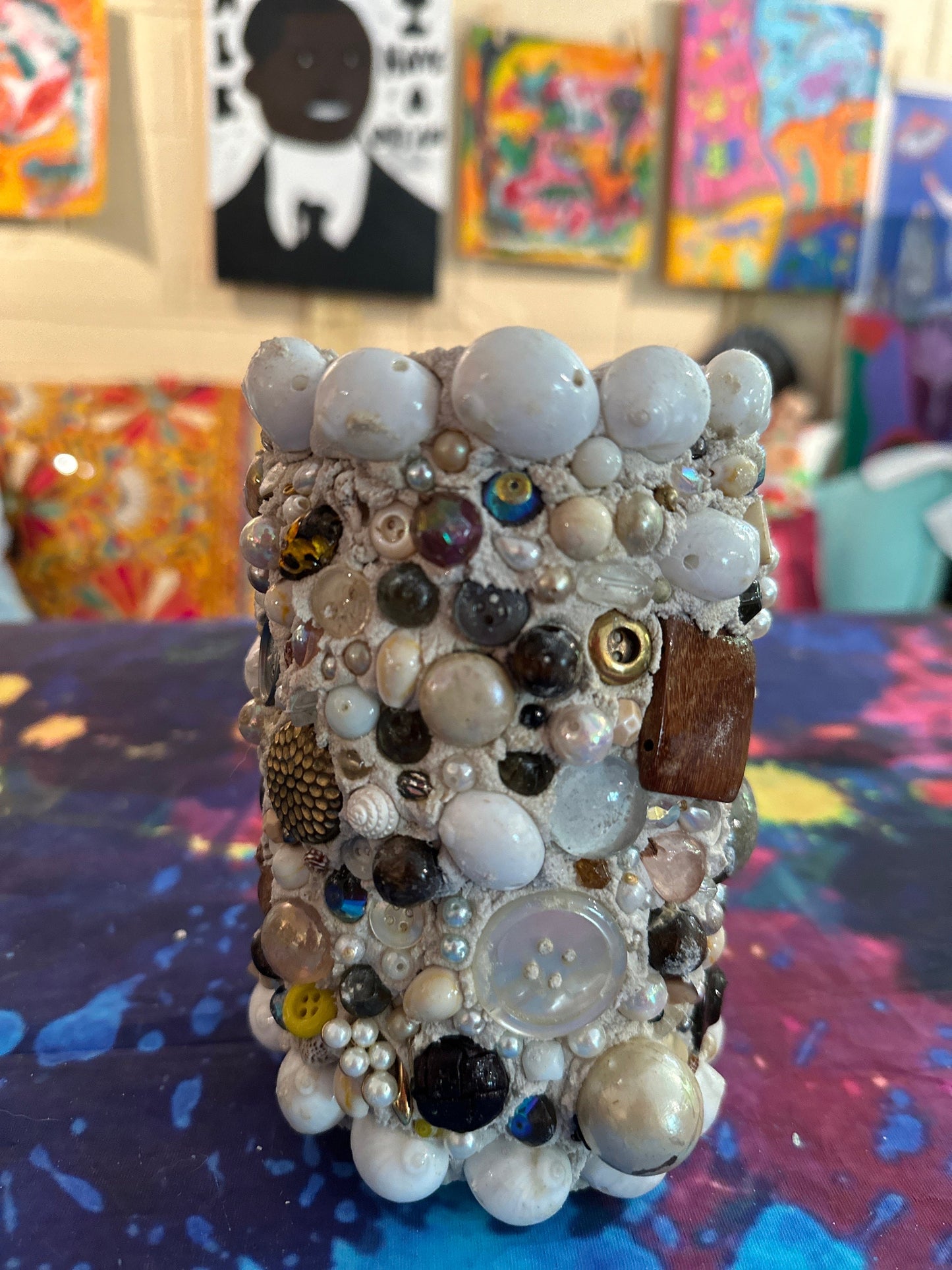 Tripp's Store / Handmade OOAK Folk Art Ceramic 6" width x 7" height x 6" depth / Memory Jug / One of a Kind Art Gift Decorated Beads Glass Jar Collector