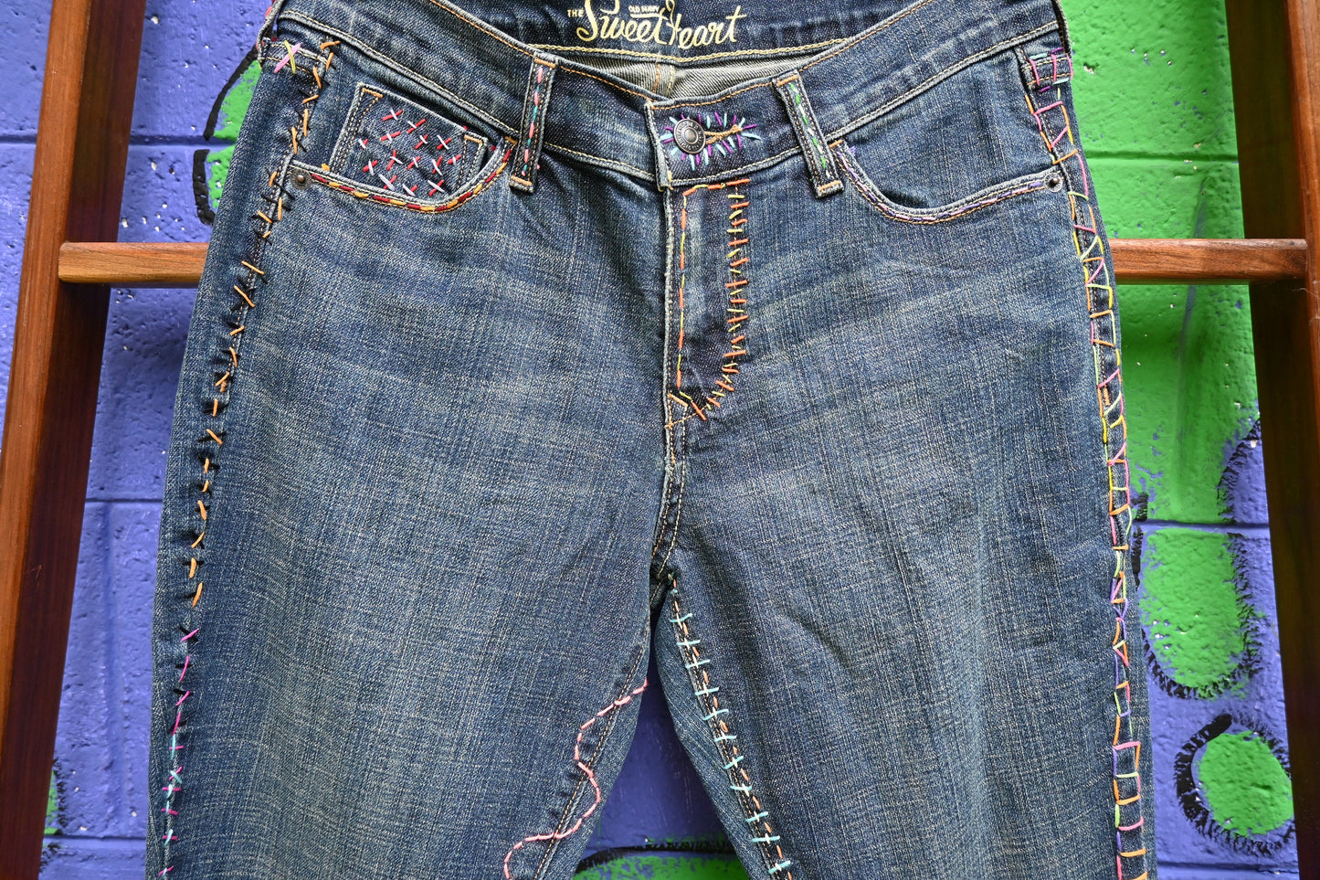 Tripp's Store : Authentissimo Bespoke Denim Jeans // Handstitched OOAK Embroidered Boho Straight Leg Medium Dark Wash High Waist Mom Jeans // Size 6 Short