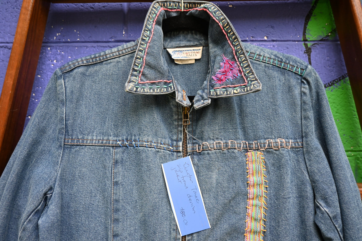Tripp's Store / OOAK zip front denim jacket; bespoke blue jean jacket; embellished jacket