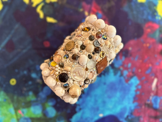 Tripp's Store / Handmade OOAK Folk Art Ceramic 6" width x 7" height x 6" depth / Memory Jug / One of a Kind Art Gift Decorated Beads Glass Jar Collector