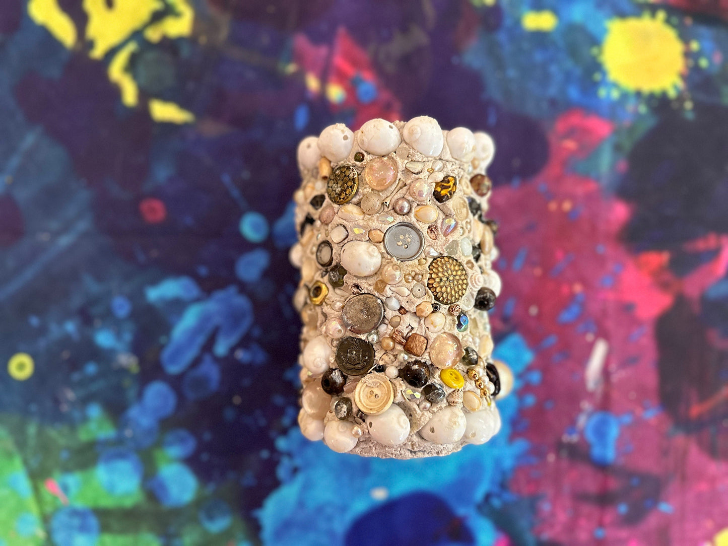 Tripp's Store / Handmade OOAK Folk Art Ceramic 6" width x 7" height x 6" depth / Memory Jug / One of a Kind Art Gift Decorated Beads Glass Jar Collector