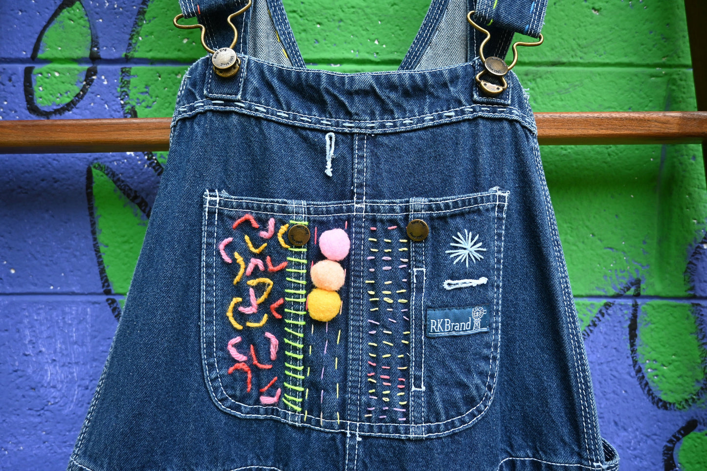 Tripp's Store : Authentissimo Bespoke dark wash Vintage One of a kind Overalls // Unisex XL // Embroidered patchwork y2k boho Bib Overalls