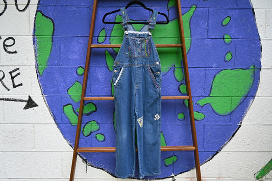 Tripp's Store : Hand stitched Kids Denim Bib Overalls / Rainbow color stitching with Lace Trim and pink heart / Unisex / Girls Size Small (7)