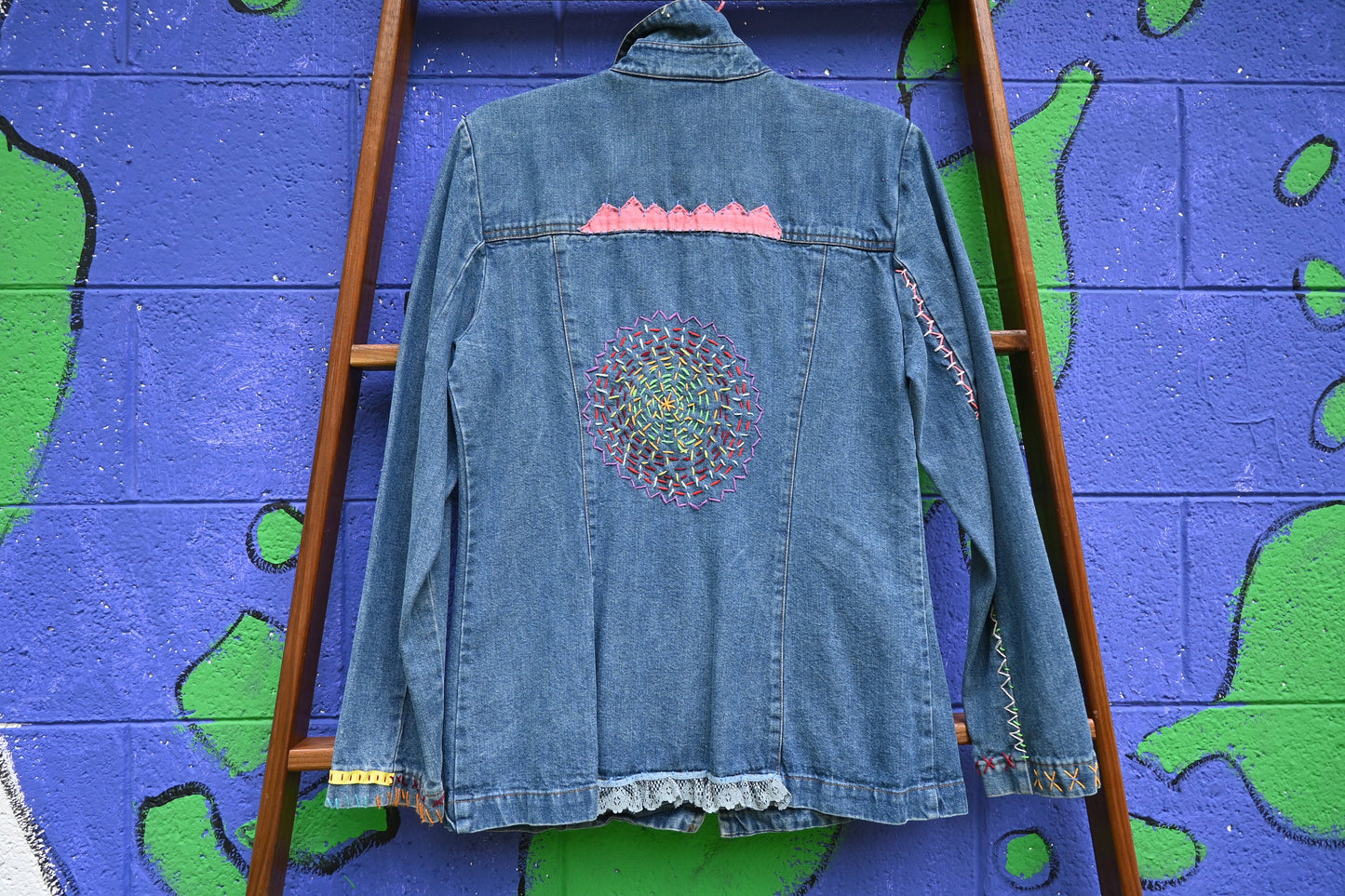 Tripp's Store / OOAK zip front denim jacket; bespoke blue jean jacket; embellished jacket
